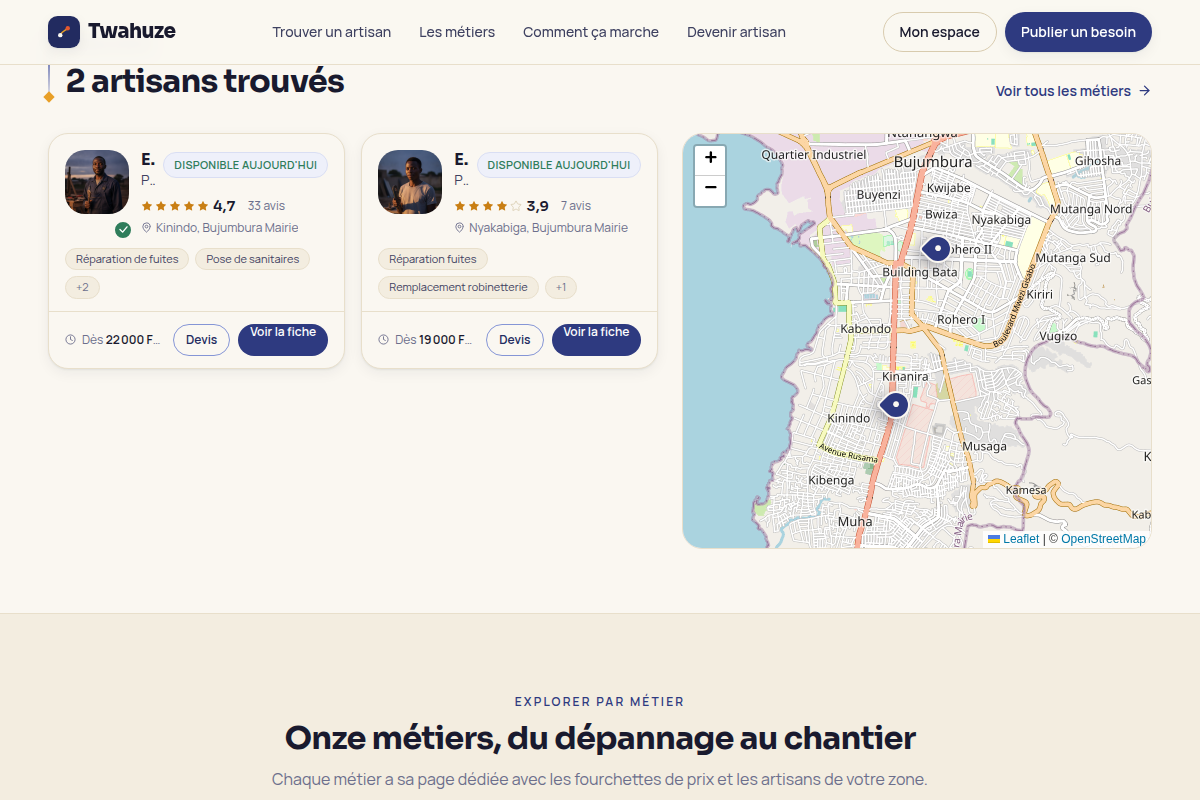 Recherche par métier avec carte et pins