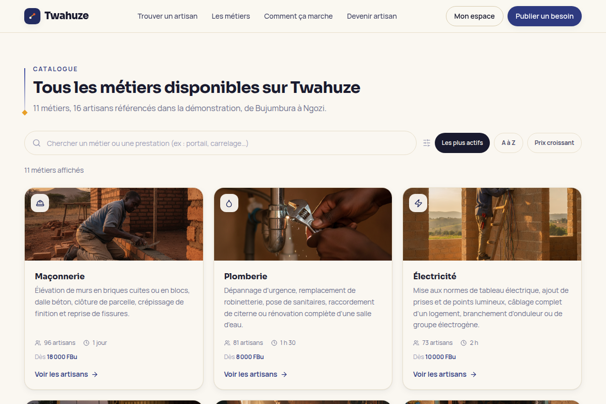Onze métiers disponibles avec effectifs et prix