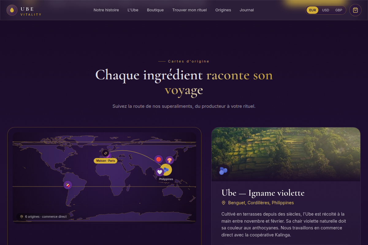 Origines — carte mondiale et détail ingrédient