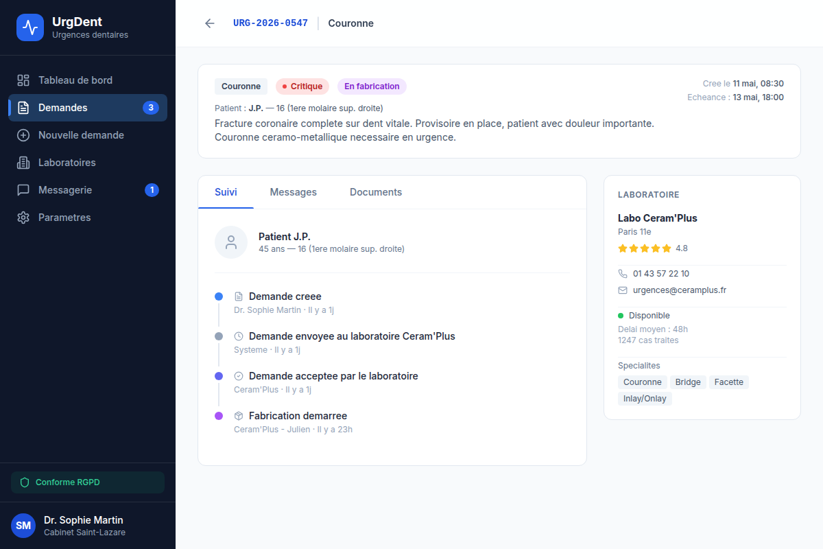 Fiche demande : suivi, messages et documents