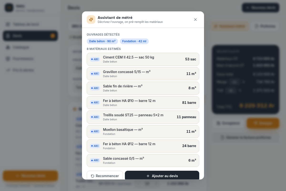 Assistant de métré : texte libre → lignes chiffrées