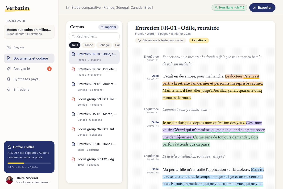 Lecteur d'entretien avec verbatims surlignés