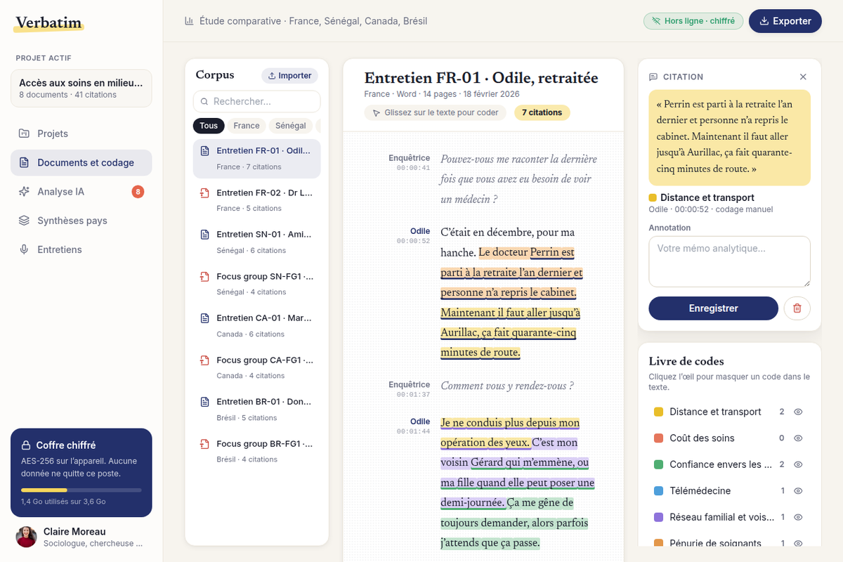 Citation sélectionnée, annotation et livre de codes