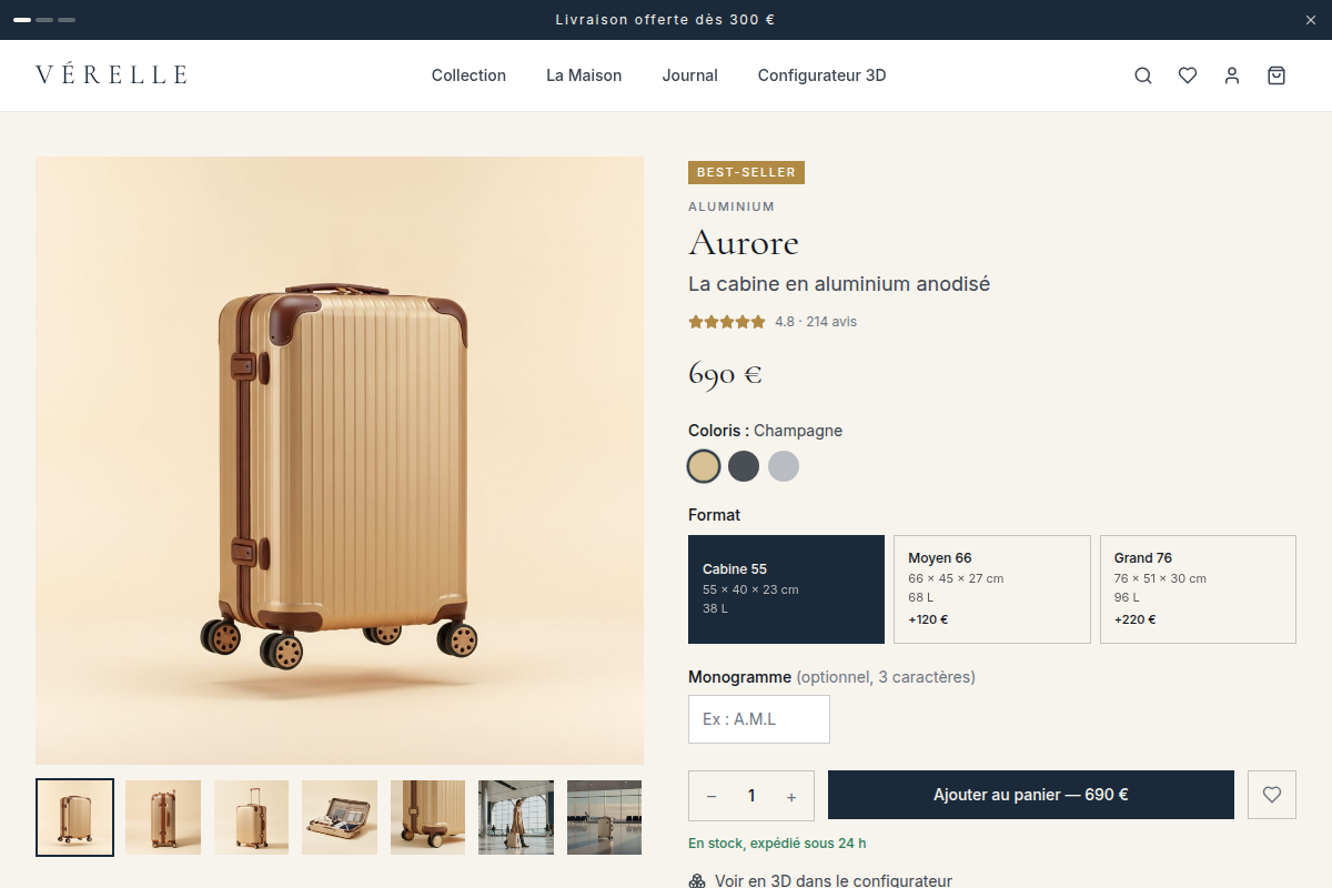 Fiche produit avec variantes taille/coloris