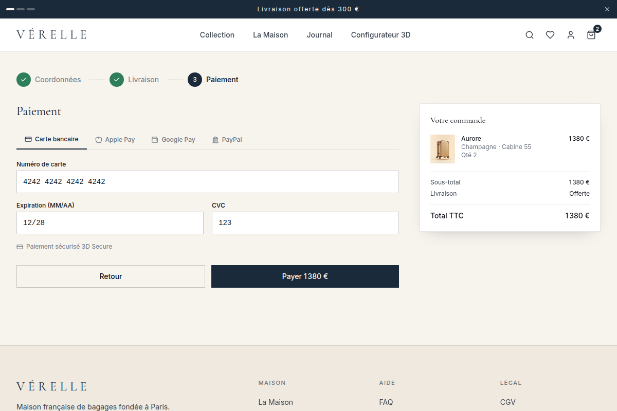 Tunnel de commande : carte, Apple Pay, PayPal