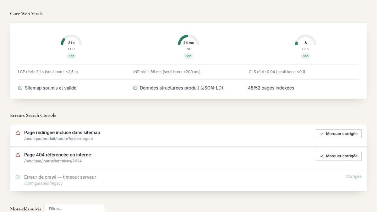 Core Web Vitals suivis en direct
