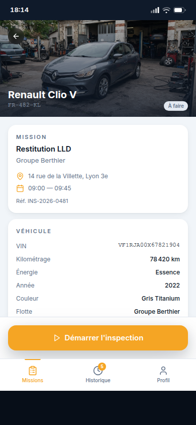 Fiche véhicule avant démarrage de l'inspection