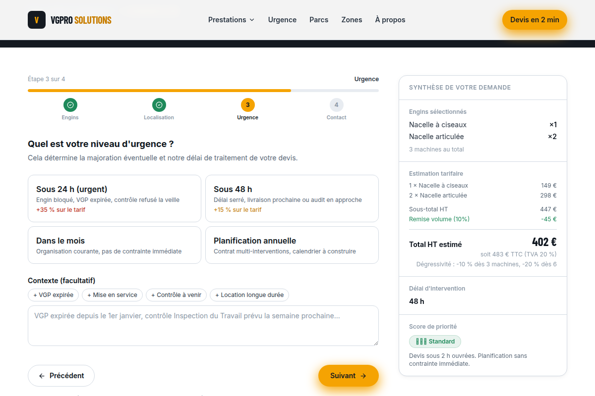 Assistant devis : étape 3, synthèse tarifaire live