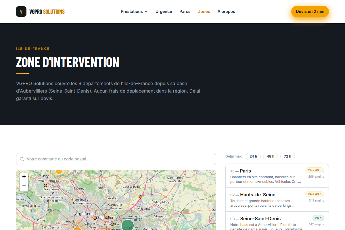 Zone d'intervention : carte Leaflet + départements