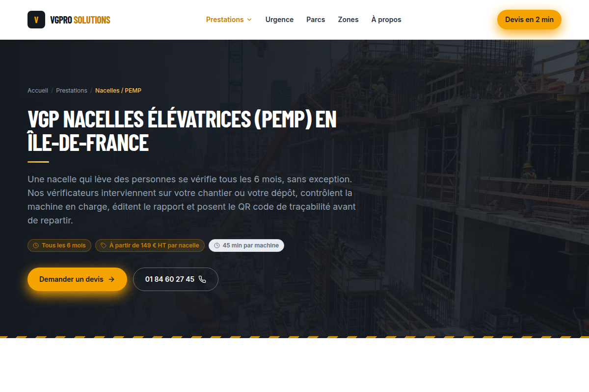 Page prestation : nacelles PEMP, checkpoints, FAQ