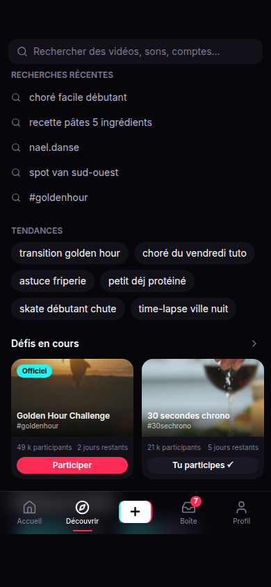 Recherche vidéos, comptes et hashtags