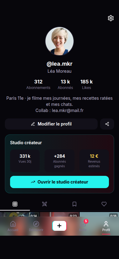 Profil créateur, abonnés et vidéos