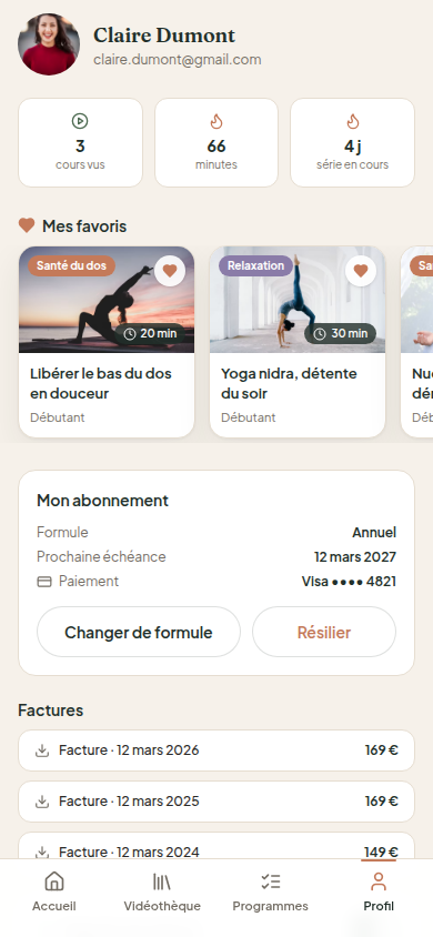 Profil : stats, favoris, abonnement et factures