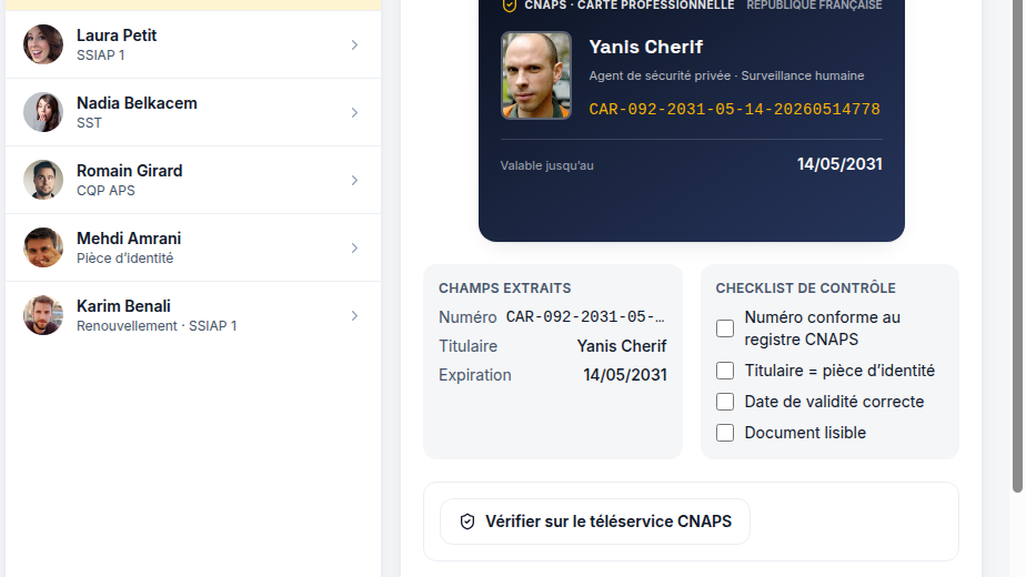 Aucun profil actif sans carte CNAPS vérifiée
