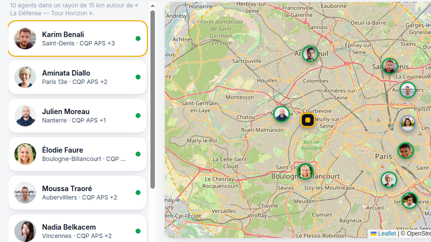 Recherche d'agents par zone et qualification