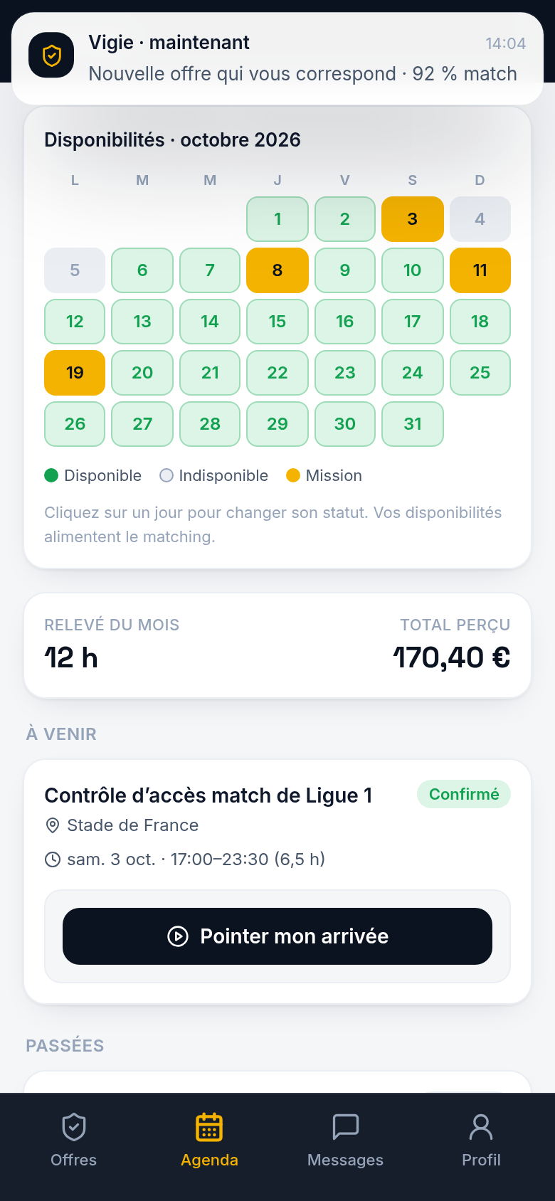 Agenda de disponibilité et missions