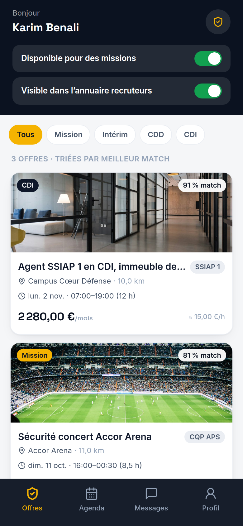 Offres classées par score de matching