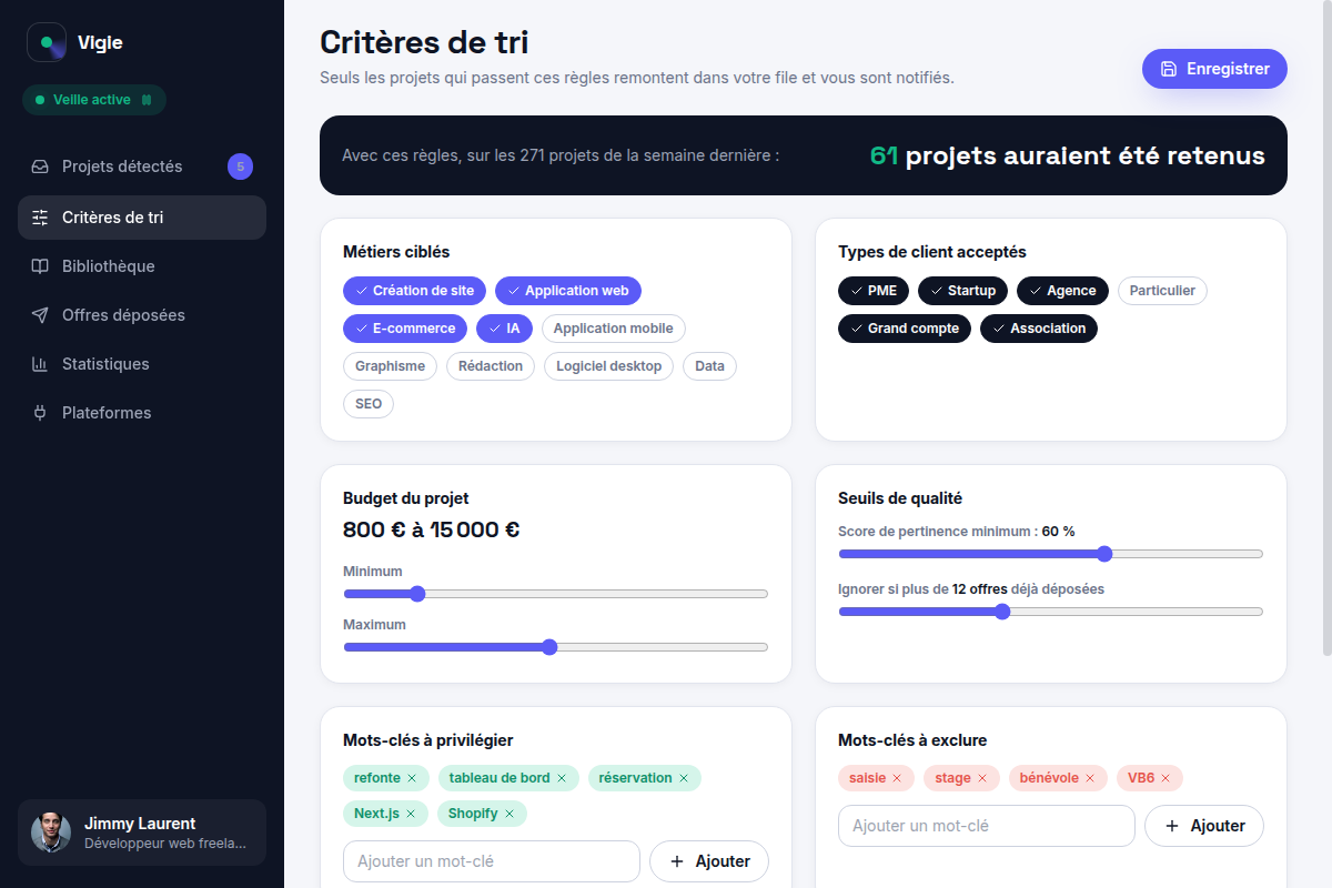 Critères de tri et simulation en direct