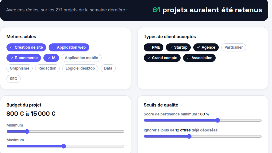 Simulation instantanée des critères