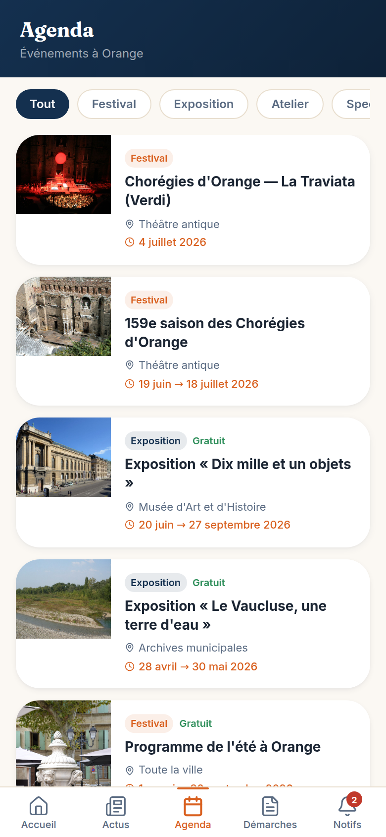 Agenda des événements et Chorégies