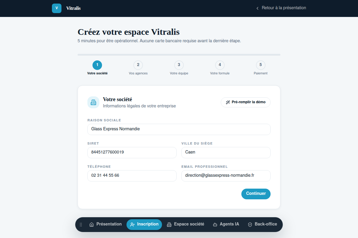 Inscription self-service : identité de la société