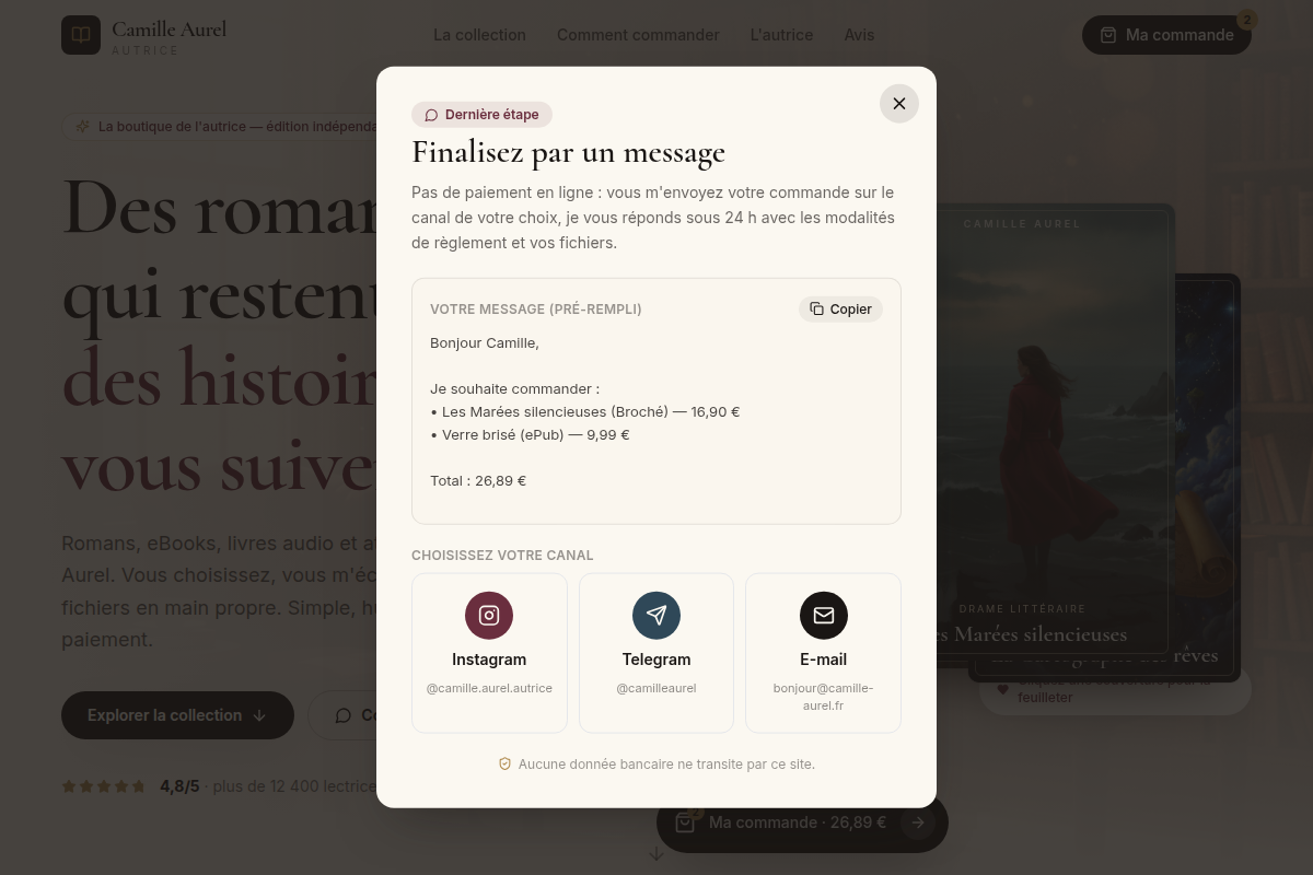 Finaliser par un message, sans paiement en ligne