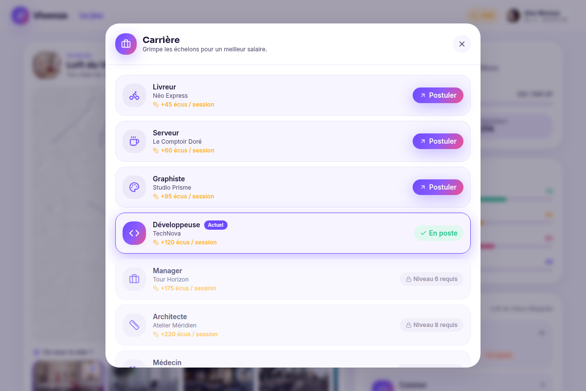 Sélecteur de carrière parmi 8 métiers