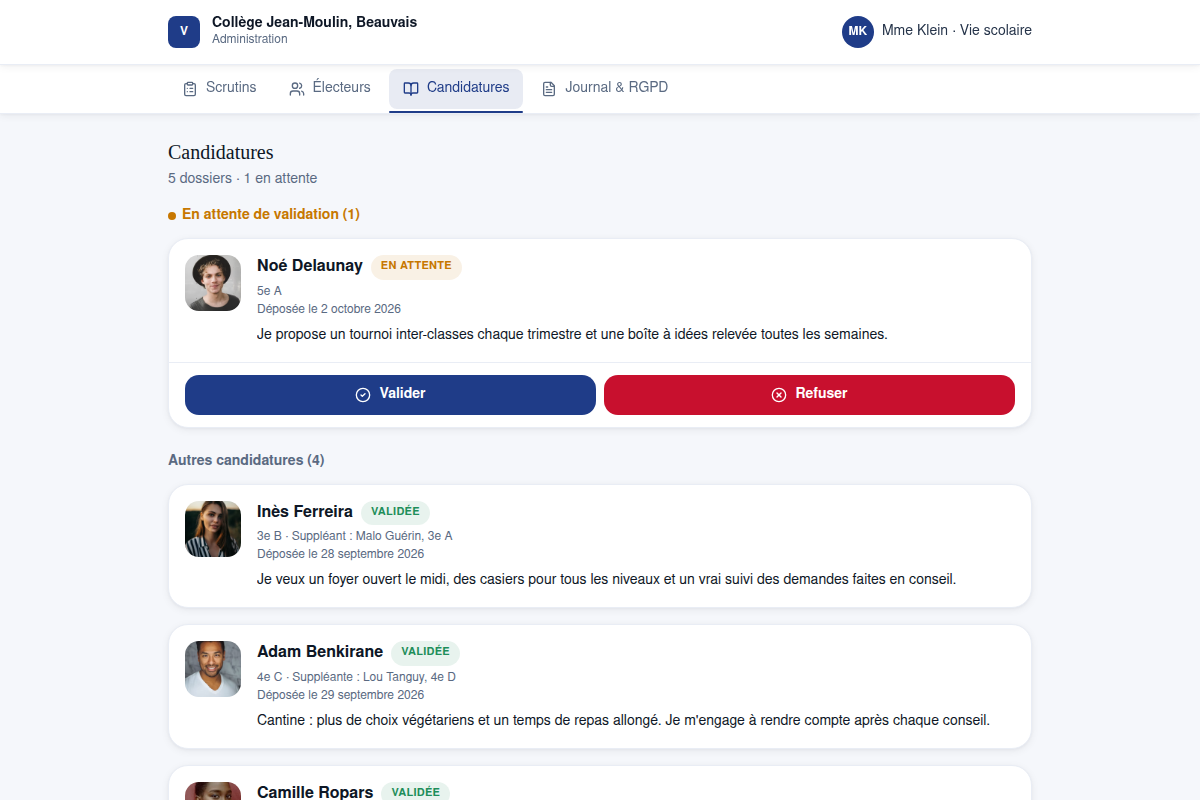 Validation des candidatures