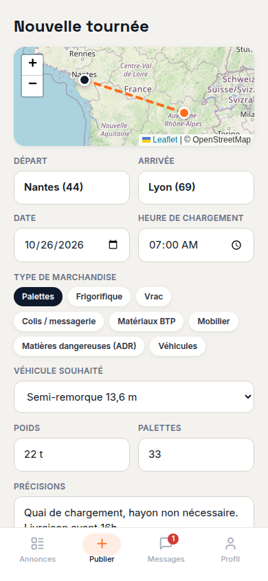 Publier une tournée avec trajet tracé sur la carte