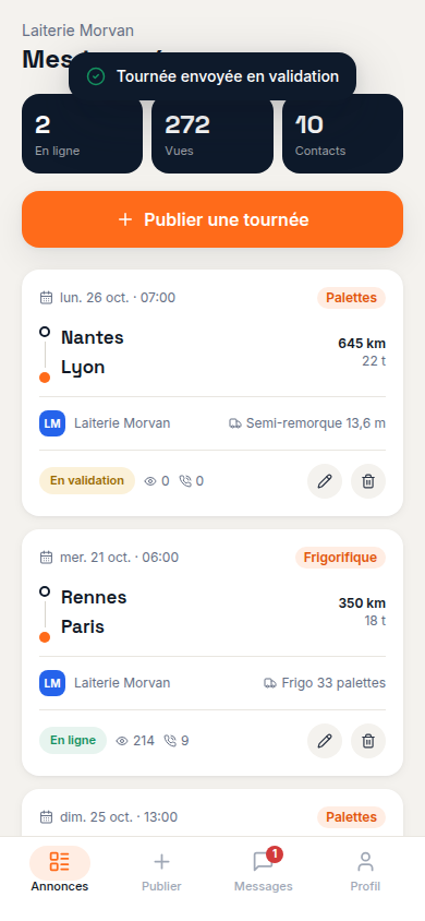 Tournée publiée, envoyée en validation