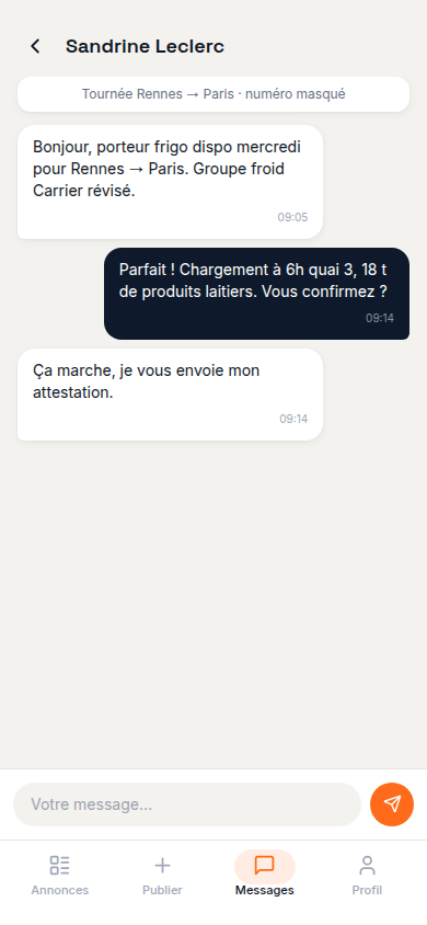 Échange direct avec un transporteur, numéro masqué