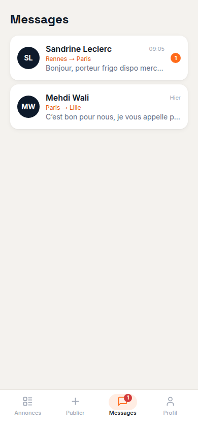 Messagerie avec les transporteurs, par tournée