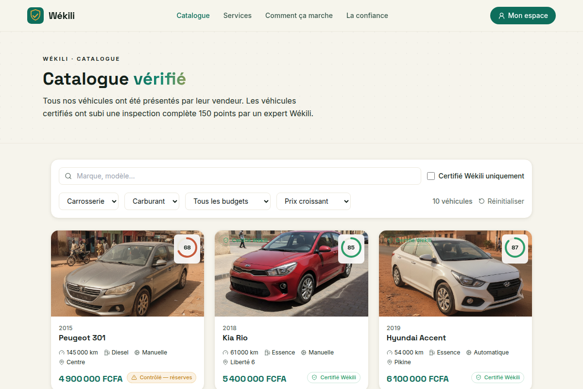 Catalogue de véhicules vérifiés avec filtres