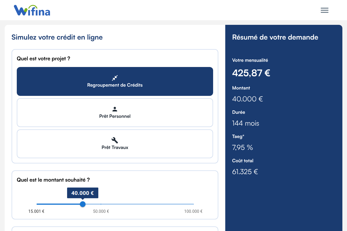 Simulateur de crédit en page d'accueil