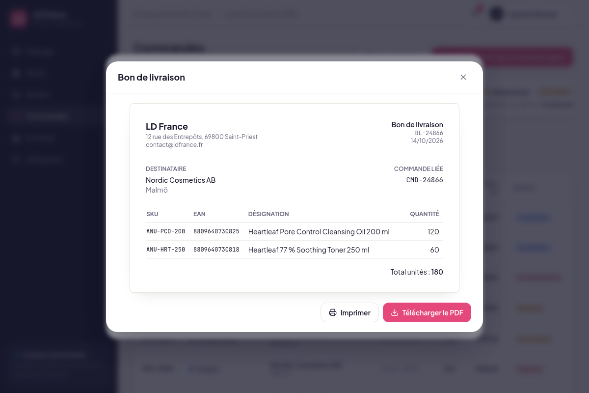 Bon de livraison généré depuis la commande