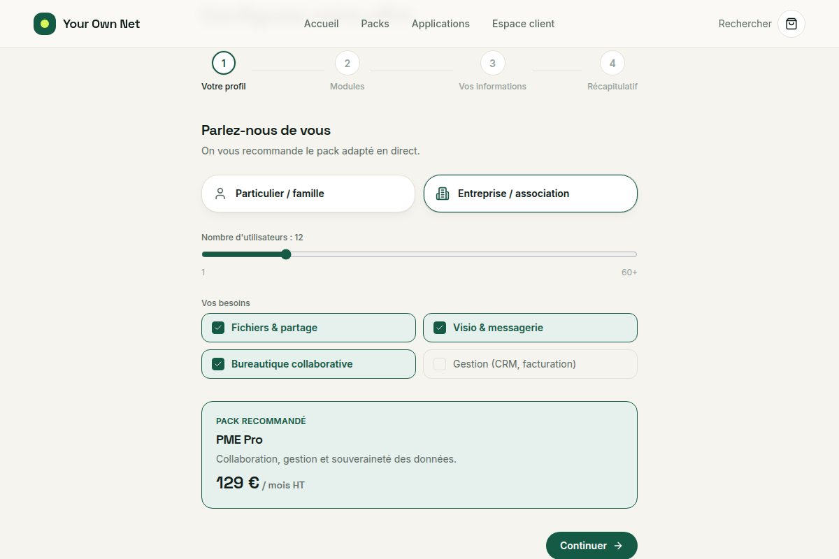 Tunnel de souscription : pack recommandé en direct