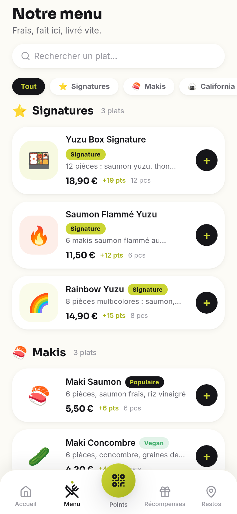 Menu par catégories, ajout au panier en un tap