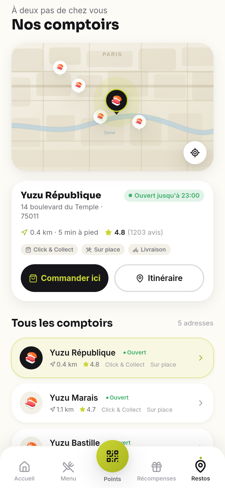 Comptoirs Yuzu géolocalisés sur la carte