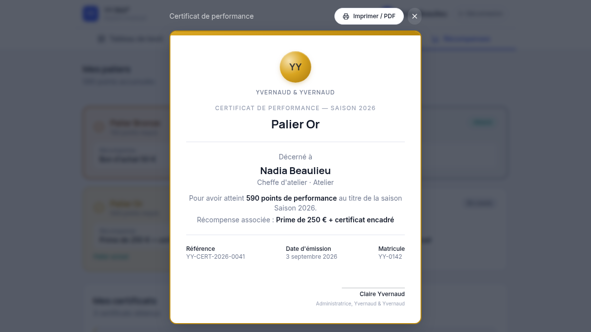 Un certificat de palier prêt à imprimer