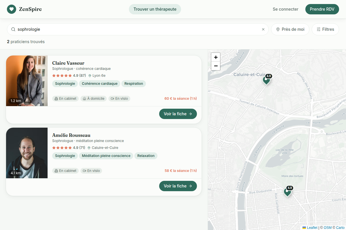 Recherche filtrée par spécialité, carte ajustée