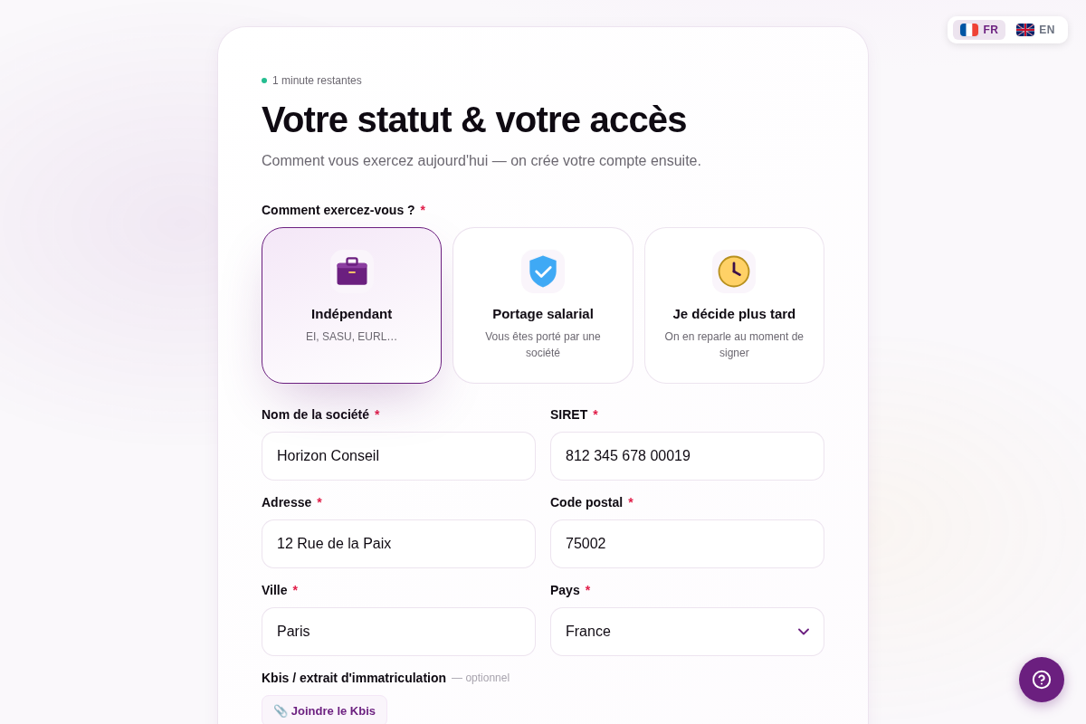 Étape compte : statut d’exercice et coordonnées de la société