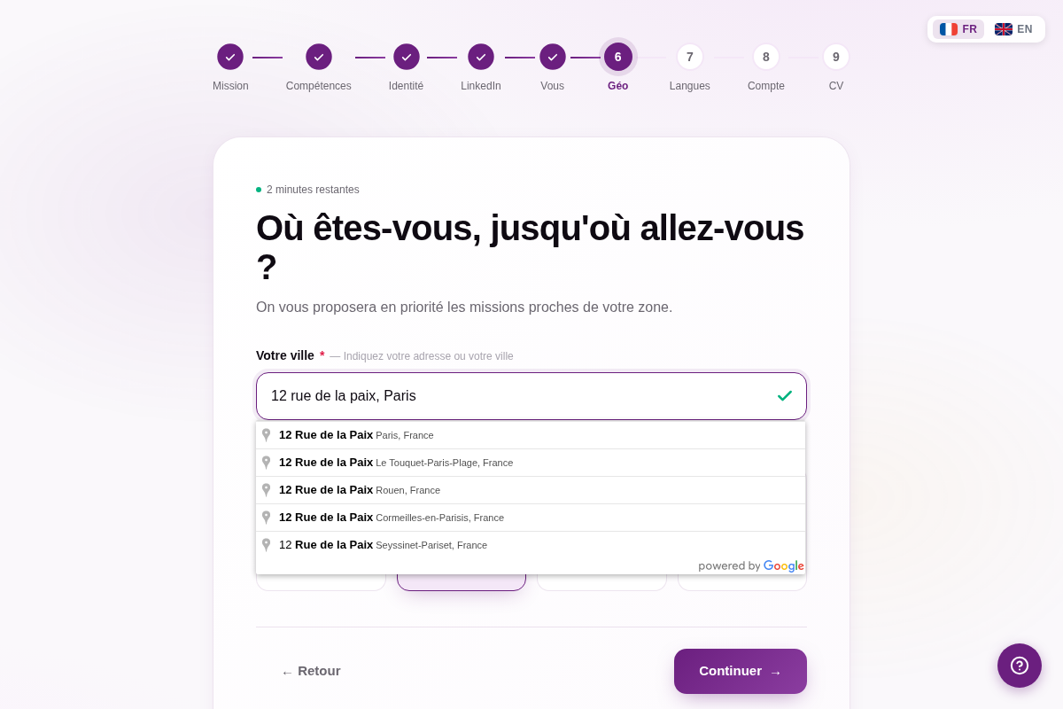 Étape localisation : autocomplétion d’adresse et zone de mobilité