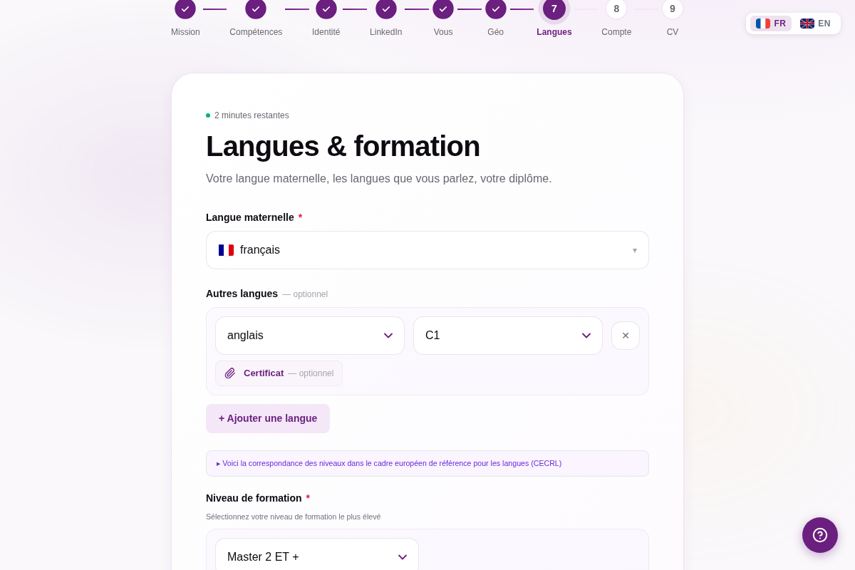 Étape langues et formation : langue maternelle, niveaux et diplôme