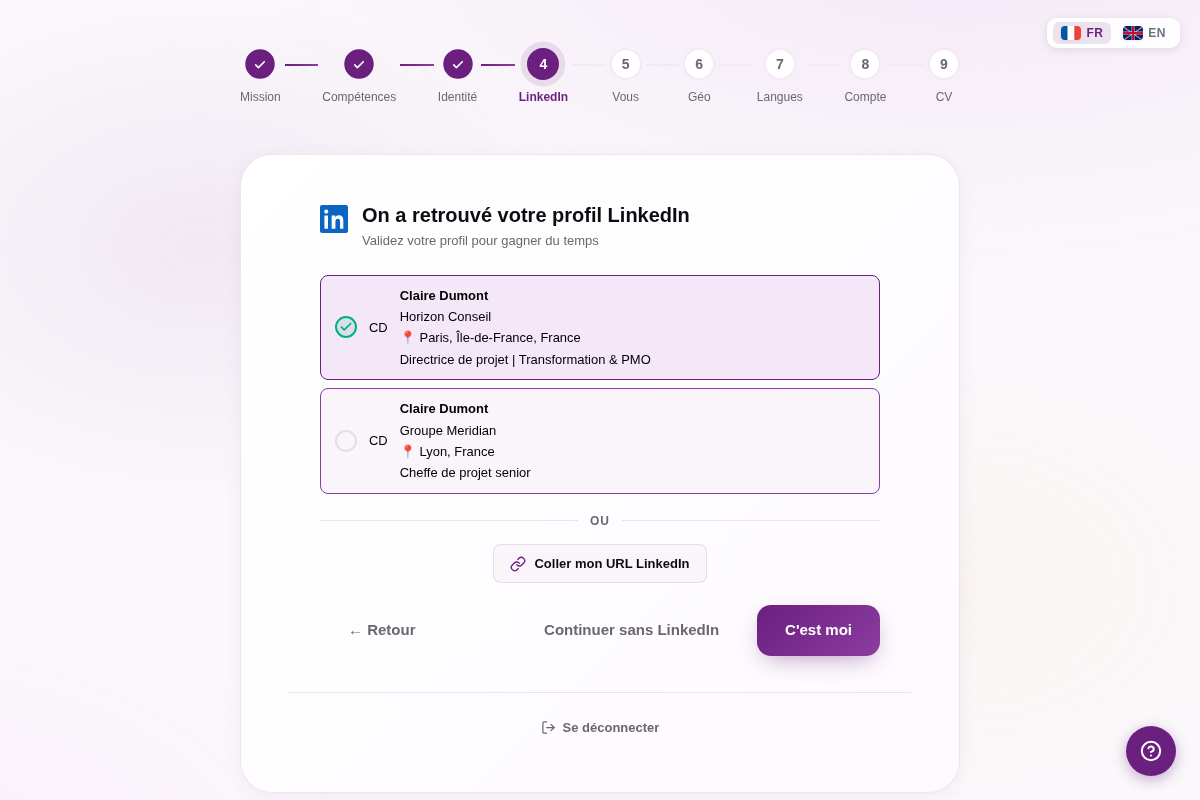 Import LinkedIn : le profil est retrouvé et validé pour préremplir le parcours