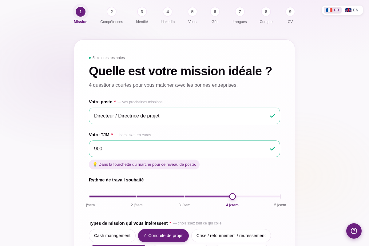 Étape mission : poste visé, TJM avec repère marché, rythme et types de mission